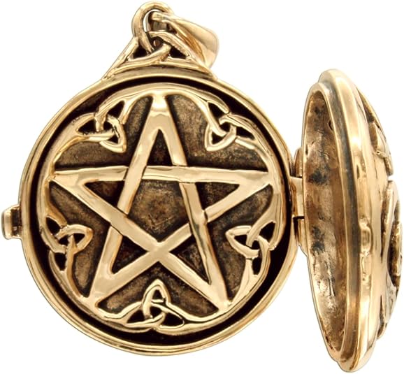 Hidden Pentacle Locket, Celtic Swirl Design With Pentagram, 1 inch (2.5 cm) Bronze Wiccan Pagan Jewelry