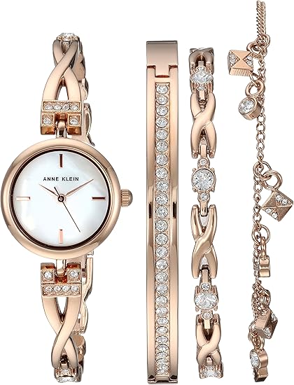Anne Klein Women's Premium Crystal Accented Silver-Tone Watch and Bracelet Set