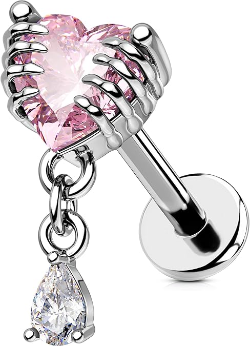 OUFER 16G 6mm Skeleton Hand Heart CZ Dangle Cartilage Earring